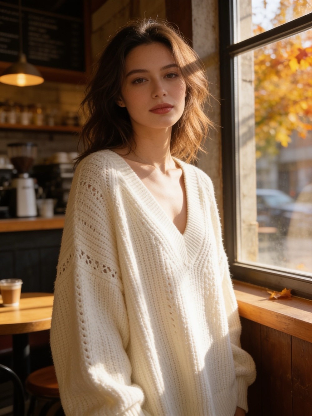 A New Day Cream Chunky Knit V-Neck Oversized Sweater XL Soft Cotton Blend
